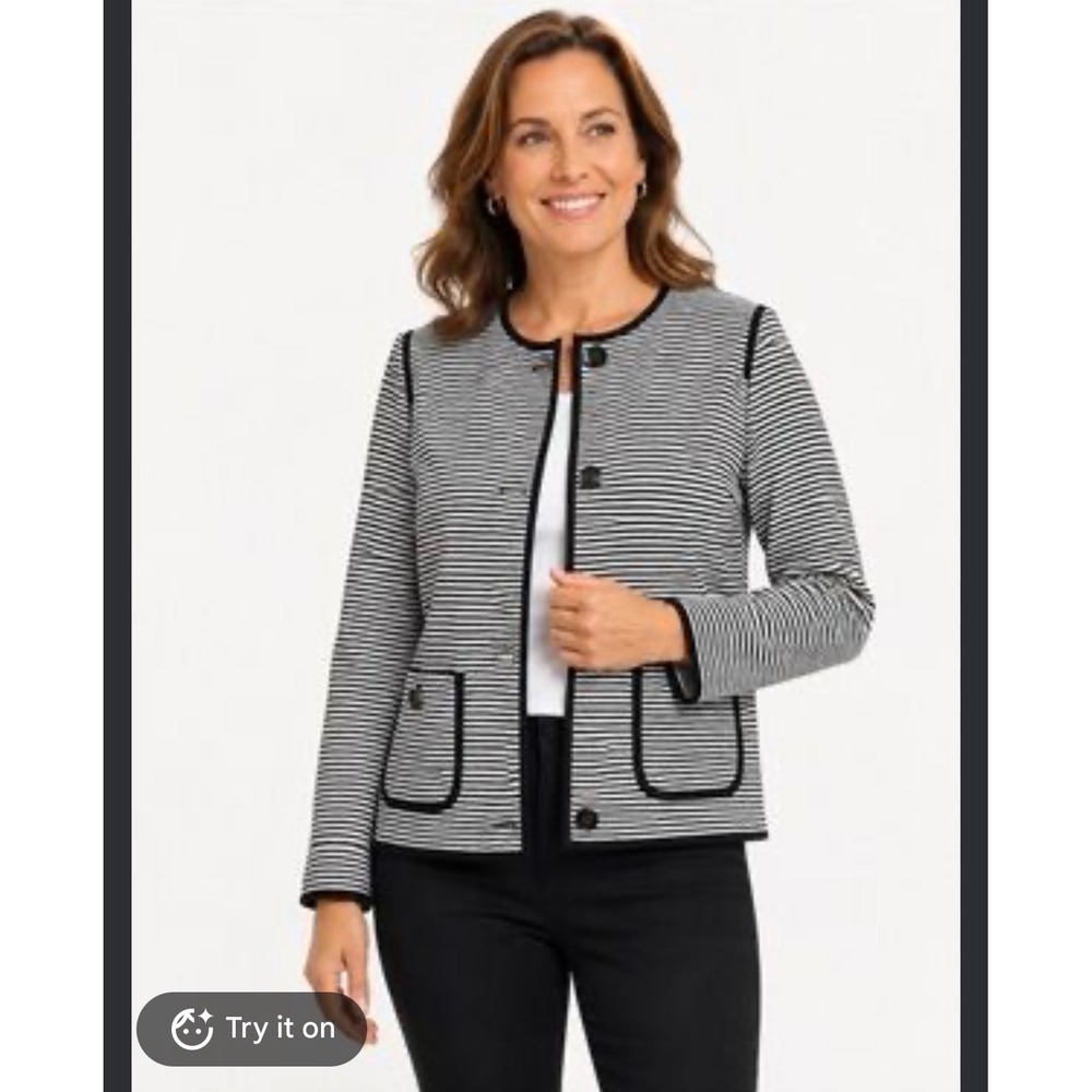 Talbots Striped Cotton Blend Blazer Jacket 10 Black White Nautical Preppy Career